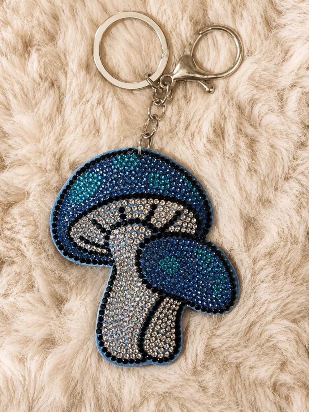 Oversized Rhinestone Mushroom Bag Charm Keychain Blue